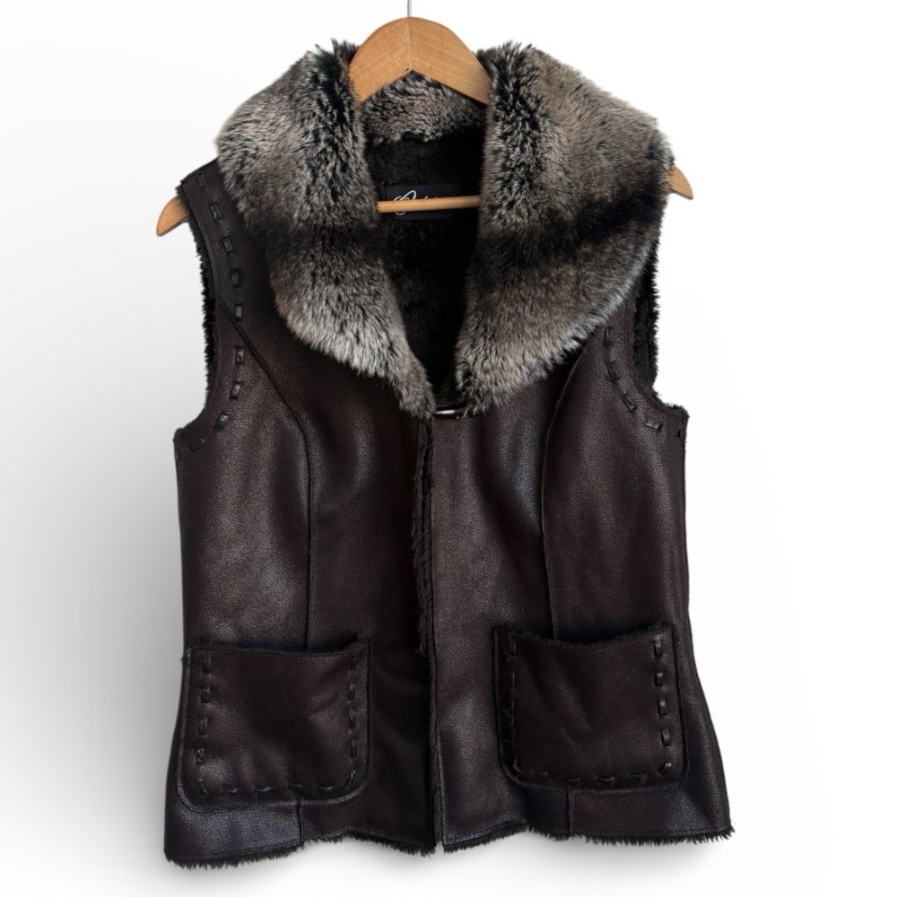Cedrics Faux Shearling Vest Brown Faux Fur Collar Sleeveless